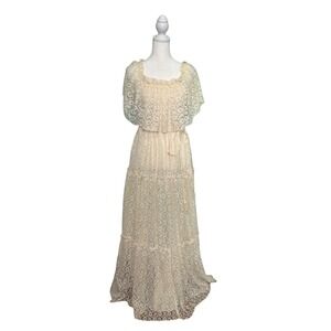 Vintage 70s Candi Jones Lace Maxi Dress Prairie Cottagecore Romantic Boho